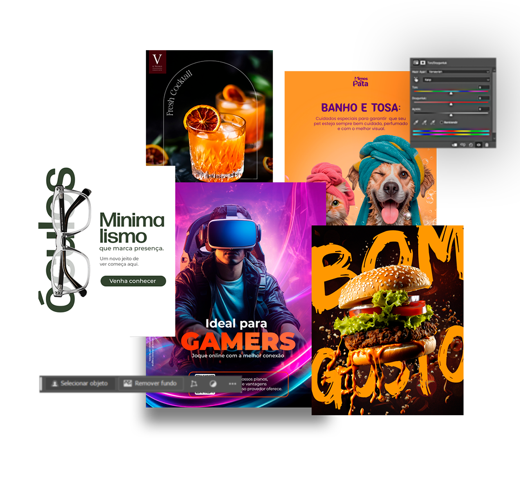 Seleção de trabalhos de design: identidade visual, bebidas, pet shop, tecnologia e gastronomia.